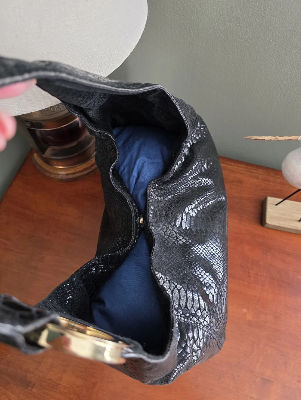 Michael Kors Slouchy Hobo Black Python Embossed Leather Shoulder Bag